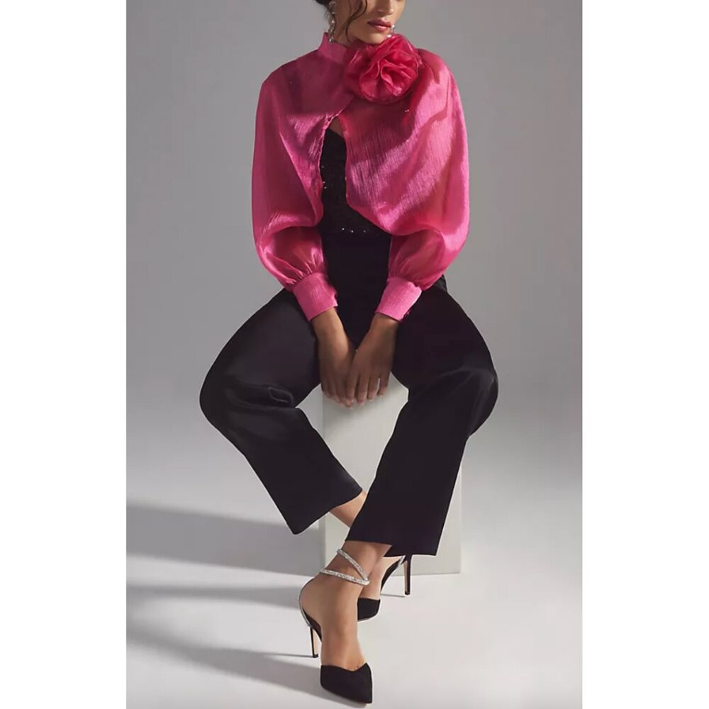 Maeve Pink Sheer Puff LS Blouse Floral Rosette Tulle Top one size